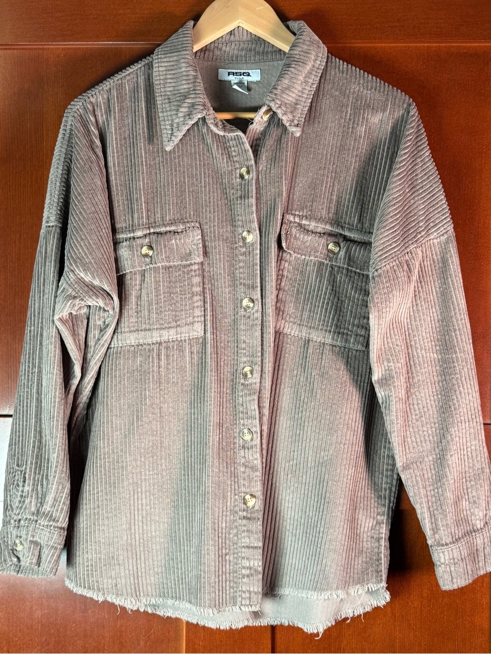 RSQ Medium Oversized Corduroy Shacket Taupe Gray Raw Frayed Hem
